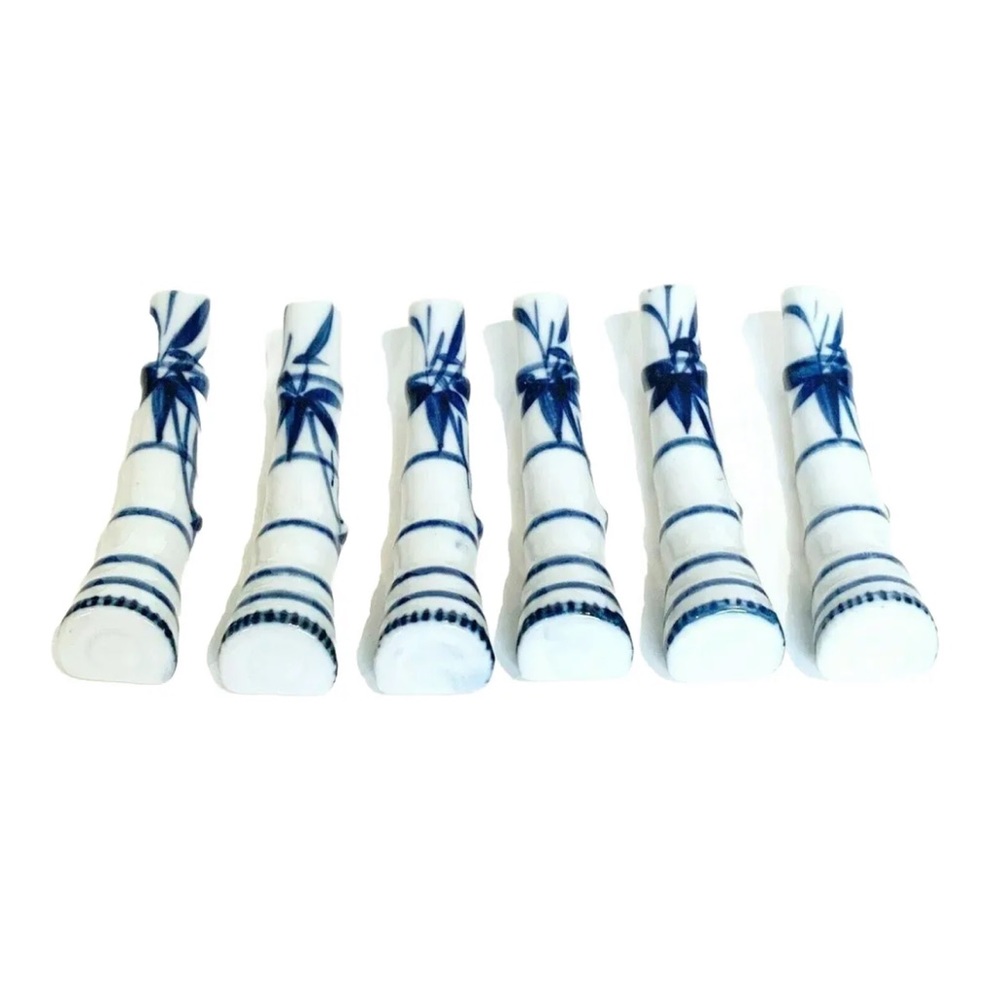 Japanese Ceramic Chopstick Rest Holders White Blue Flower Palms Japan Set Of 6